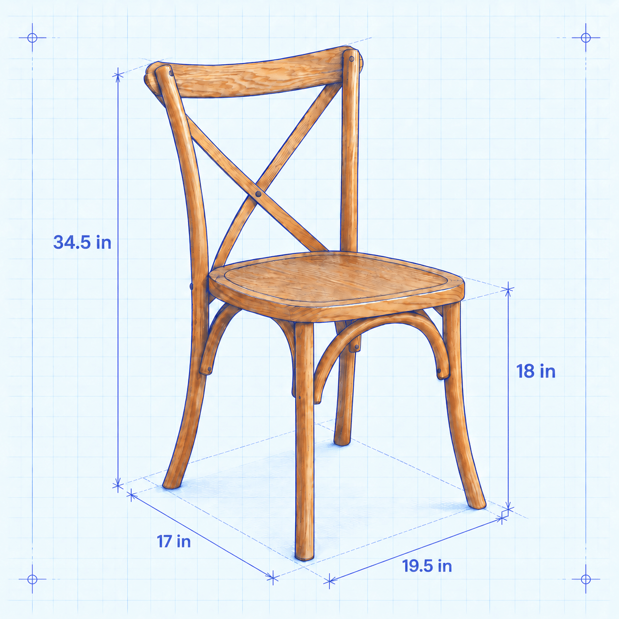Blueprint of a wood crossback chair with dimensions: 34 and a half inches high, 19 and a half inches wide, 17 inches deep, 18 inch seat height