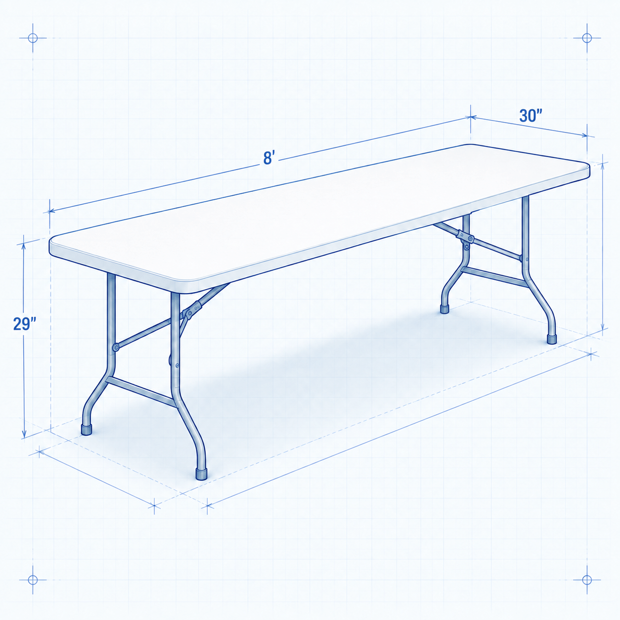 Blueprint of an 8-foot rectangular table measuring 8 feet by 30 inches by 29 inches