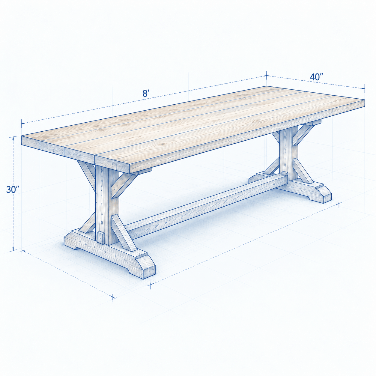 Blueprint of an 8-foot wood farmhouse table measuring 8 feet by 40 inches by 30 inches