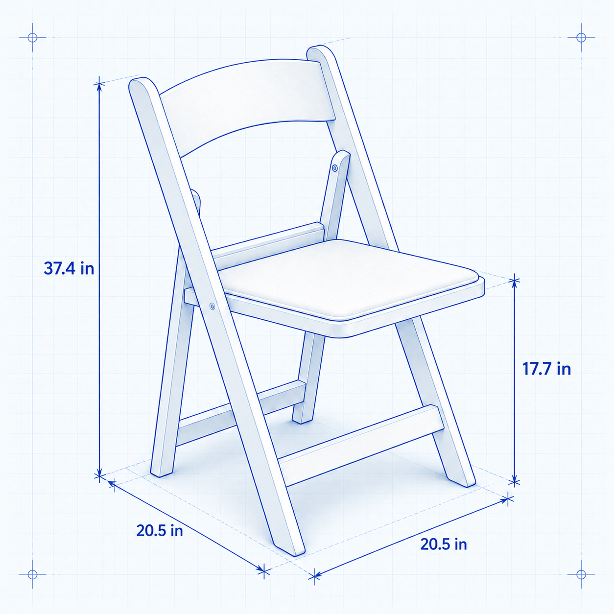 Blueprint of a white folding chair with dimensions