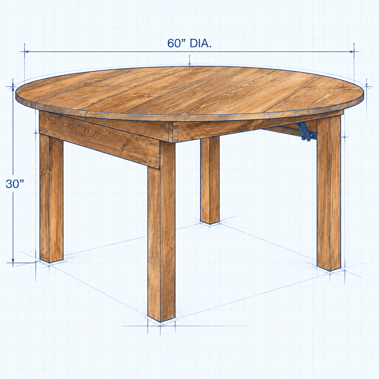 Blueprint of a 60-inch diameter round wood table measuring 30 inches high